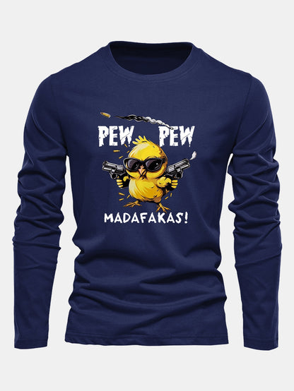 "Pew Pew" Chicken Print Long Sleeve Cotton T-Shirt