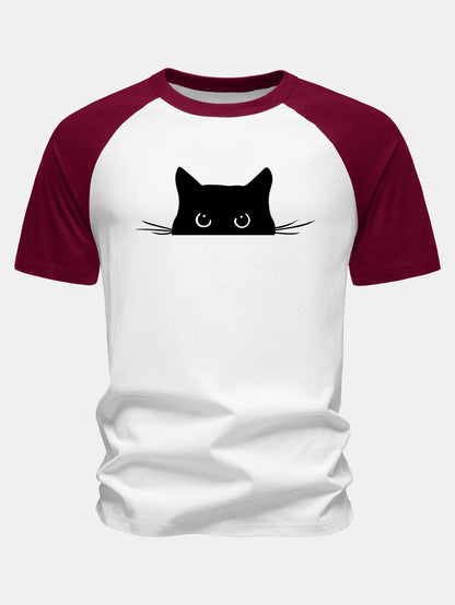 Camiseta de algodão com mangas raglã e estampa de gato preto