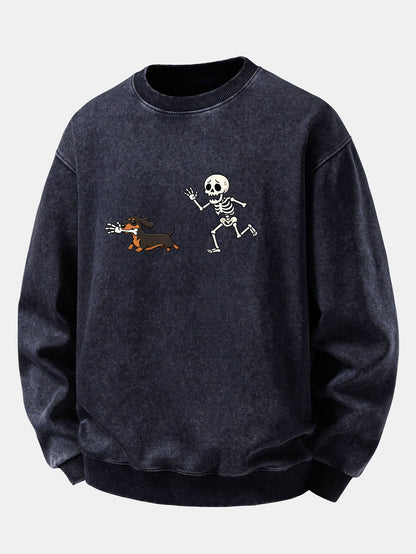 Skeleton & Dachshund Print Washed Distressed Sweatshirt