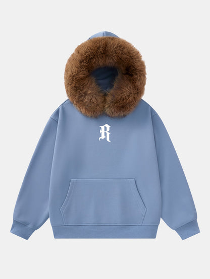 Letter R Print Faux Fur Trim Hoodie