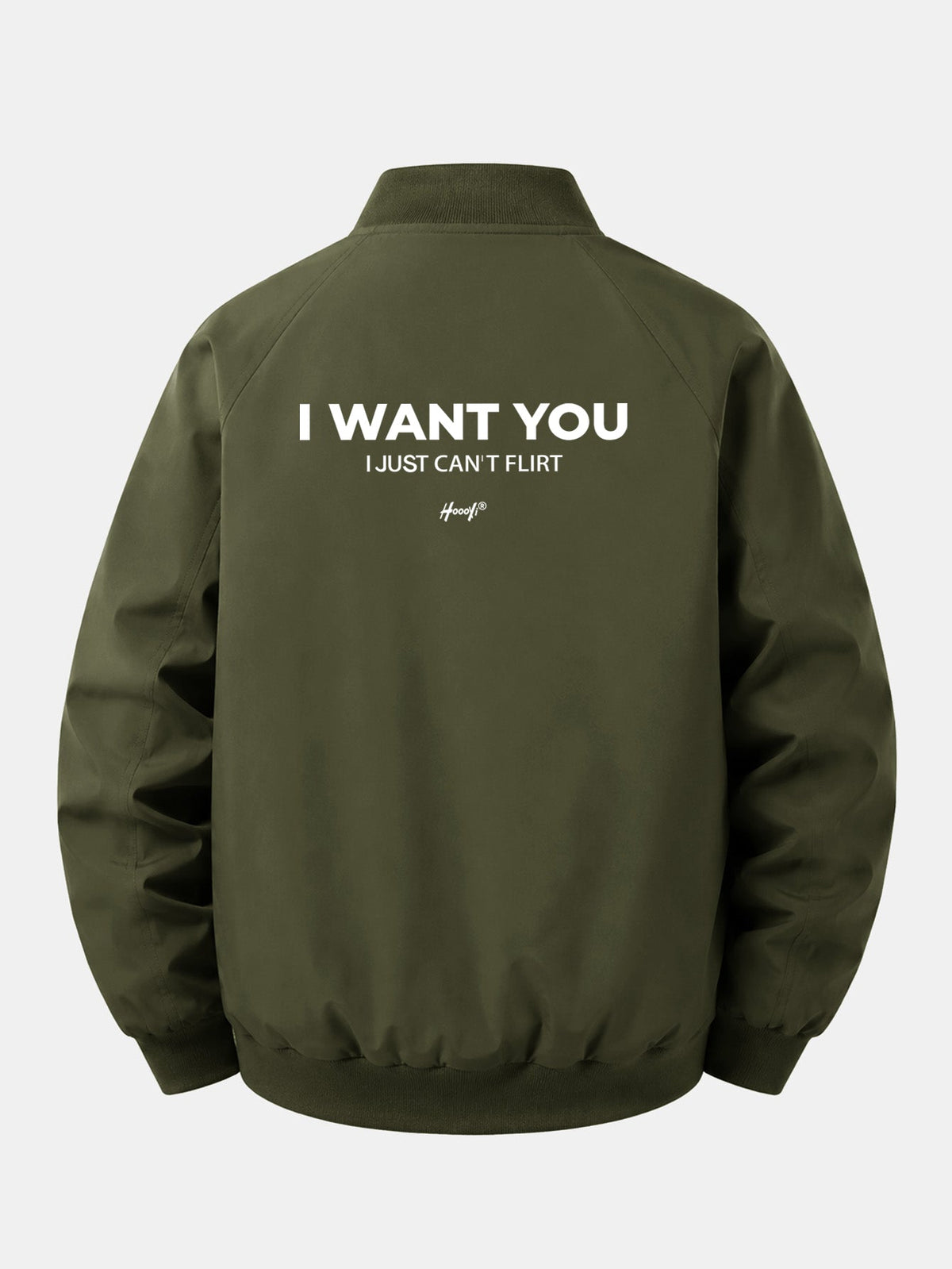 Jaqueta bomber com zíper, modelagem confortável e estampa "I Want You Back"