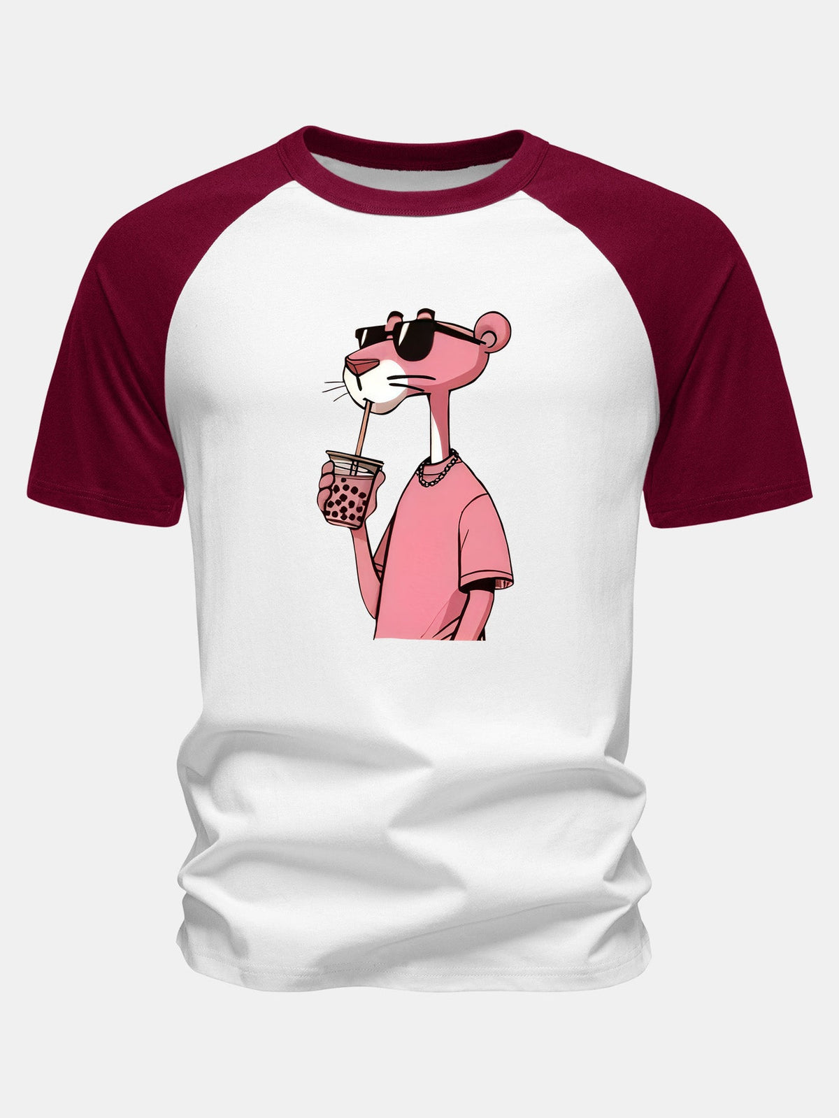 Camiseta de Algodão com Estampa da Pantera Cor-de-Rosa e Mangas Raglan