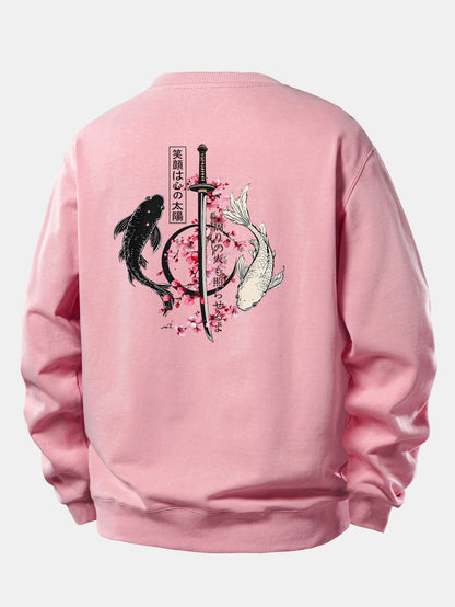 Moletom de modelagem confortável com estampa de samurai japonês, katana, peixe koi e sakura