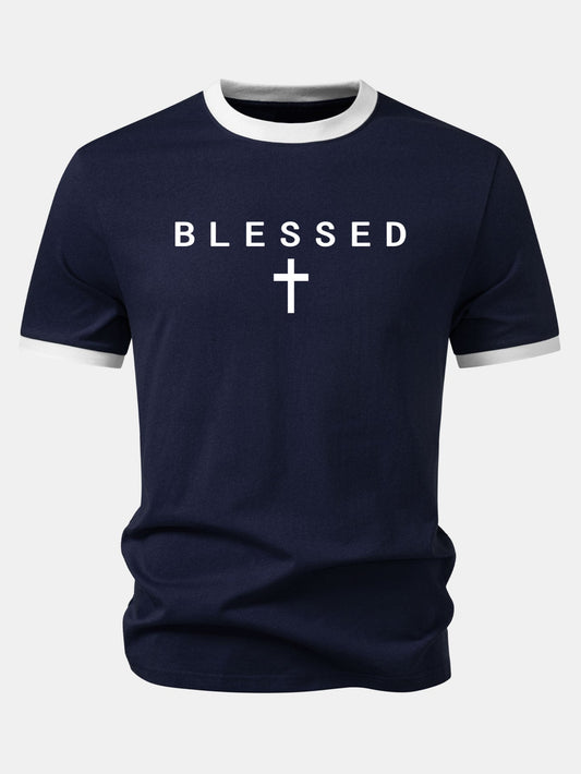 Blessed Cross Print Contrast Collar T-Shirt