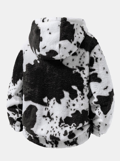 Cow Print Teddy Zip Hooded Jacket