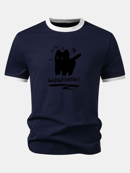 Camiseta com estampa de gato assustado, gola e mangas contrastantes