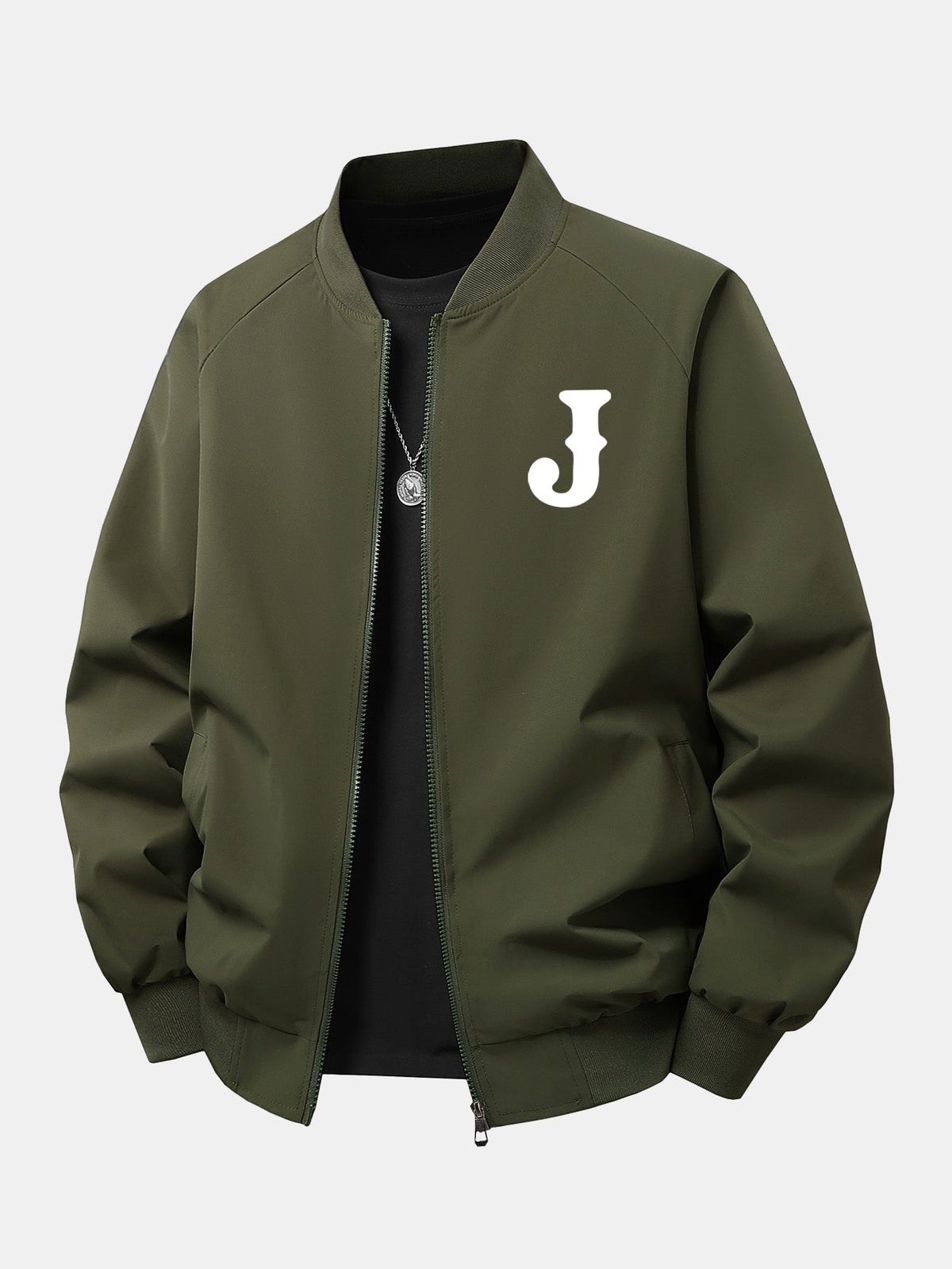 Letter J Print Relaxed Zip Bomber Jacket
