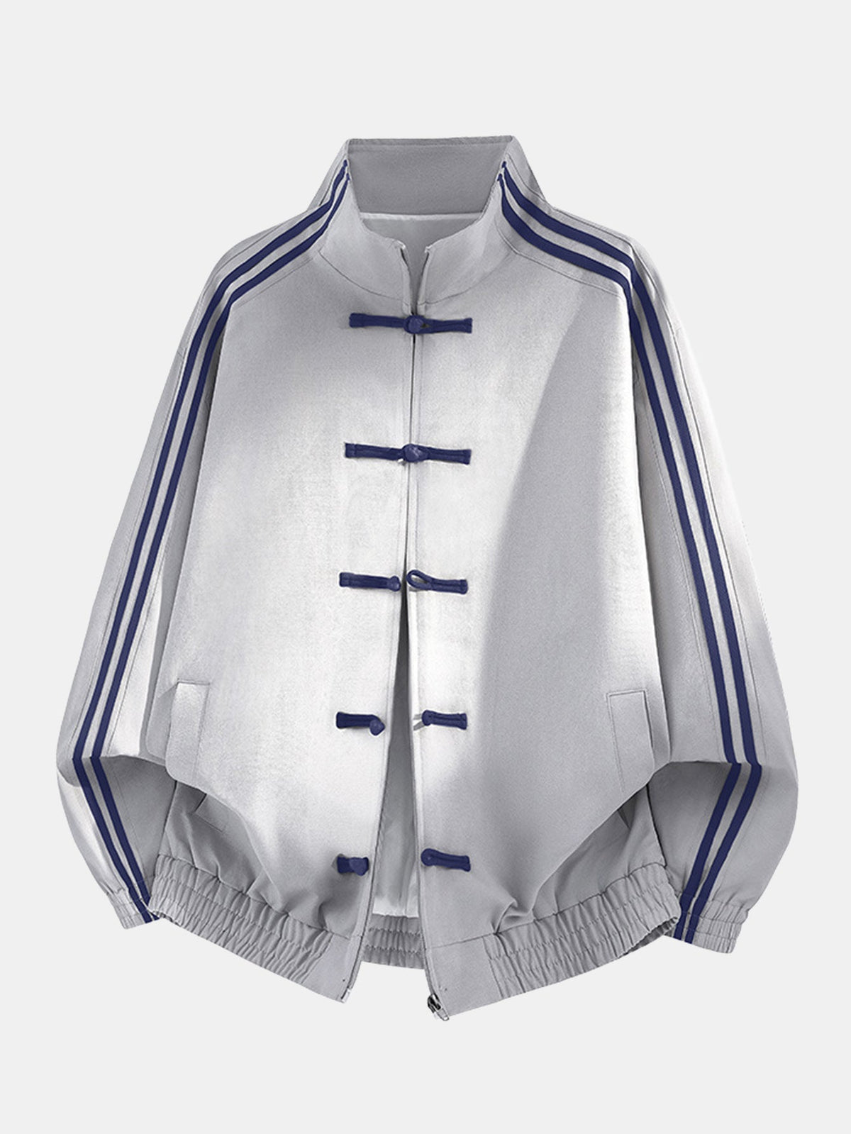 Striped High Neck Sports Jacket with Frog Buttons