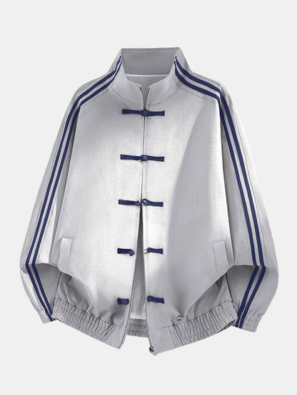Striped High Neck Sports Jacket with Frog Buttons