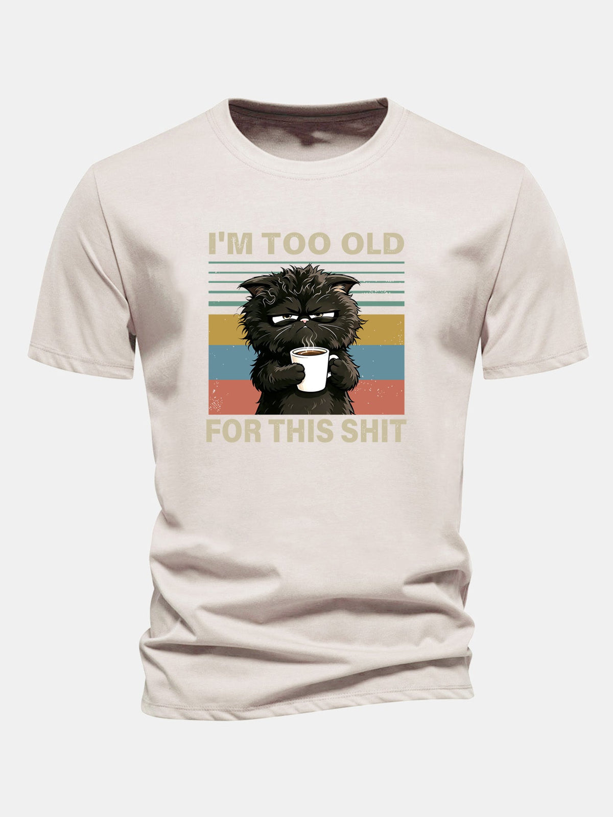 Camiseta de algodão preta de corte regular com estampa de gato preto “Estou velho demais para essa merda”