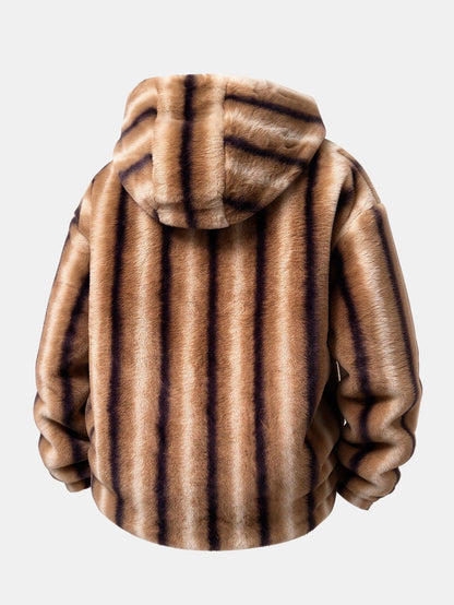 Striped Faux Fur Zip Hooded Jacket
