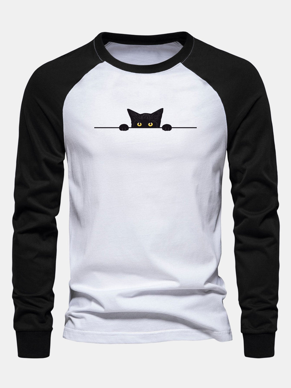 Black Cat Print Raglan Long Sleeve Cotton T-Shirt