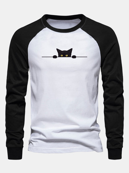 Black Cat Print Raglan Long Sleeve Cotton T-Shirt