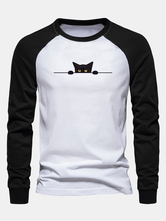 Black Cat Print Raglan Long Sleeve Cotton T-Shirt