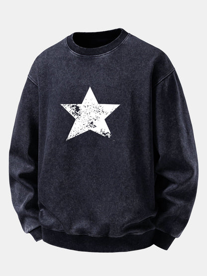 Star Print Washed Distressed Relaxed Sweatshirt