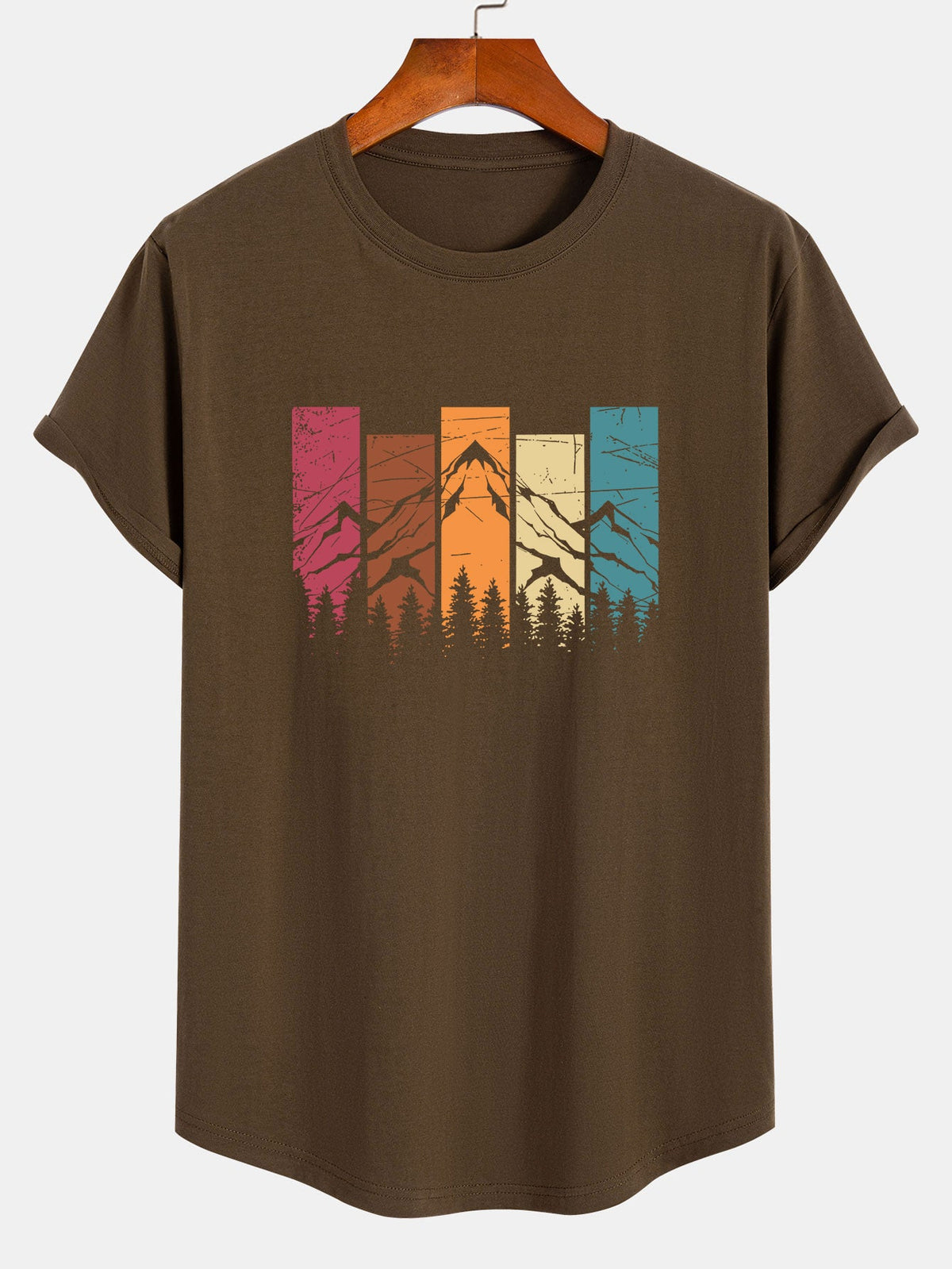 Camiseta de Algodão com Estampa Colorida de Montanha e Barra Curvada