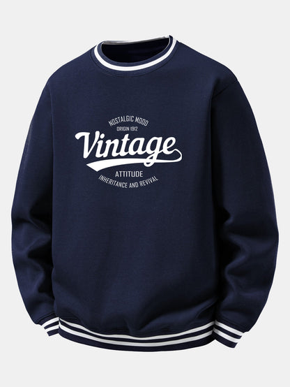 Vintage Print Striped Ribbed Crew Neck Sweatshirt