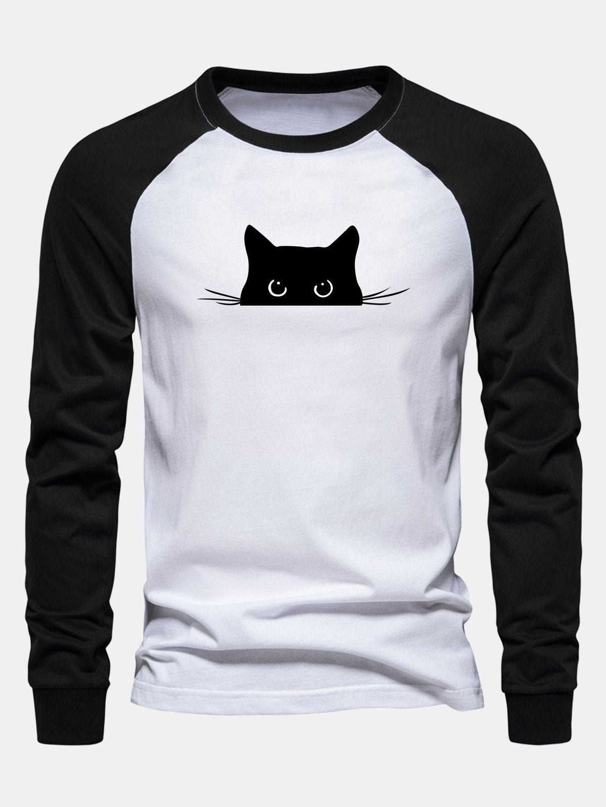 Black Cat Print Raglan Long Sleeve Cotton T-Shirt
