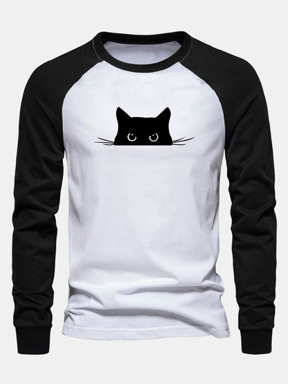 Black Cat Print Raglan Long Sleeve Cotton T-Shirt