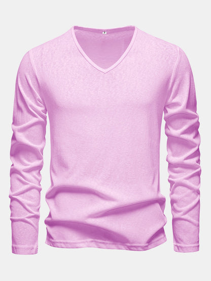 Lightweight Linen-Look V-Neck Long Sleeve T-Shirt