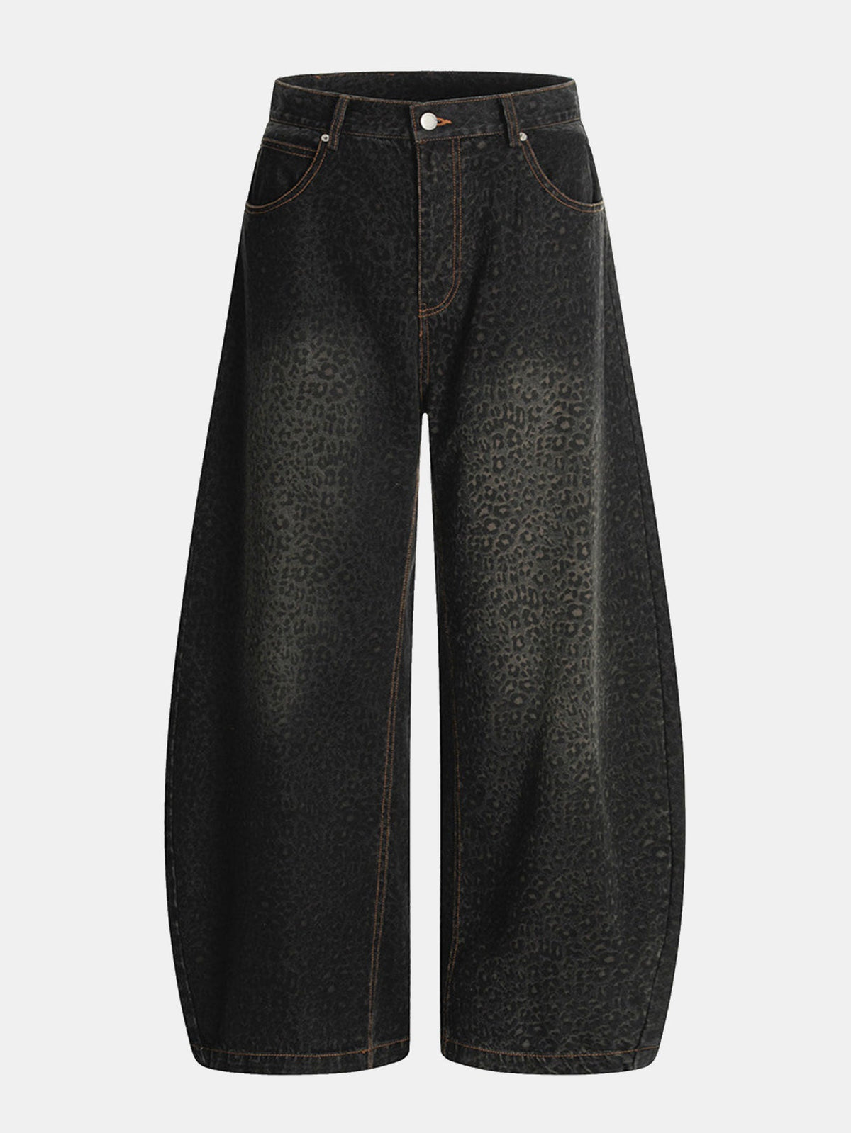 Calça Baggy de Denim com Estampa de Onça e Efeito Desgastado
