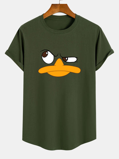 Camiseta de Algodão com Estampa de Pato Emoji e Barra Curvada