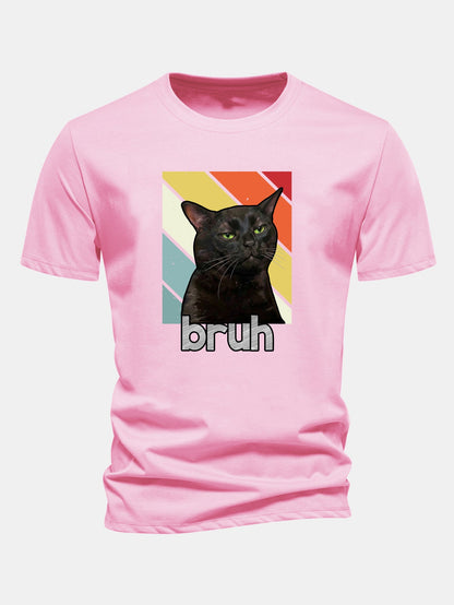 Camiseta de algodão preta com estampa de gato, corte regular, Bruh