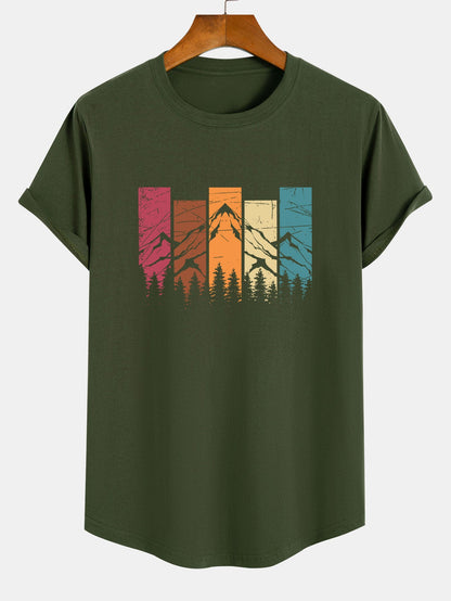Camiseta de Algodão com Estampa Colorida de Montanha e Barra Curvada