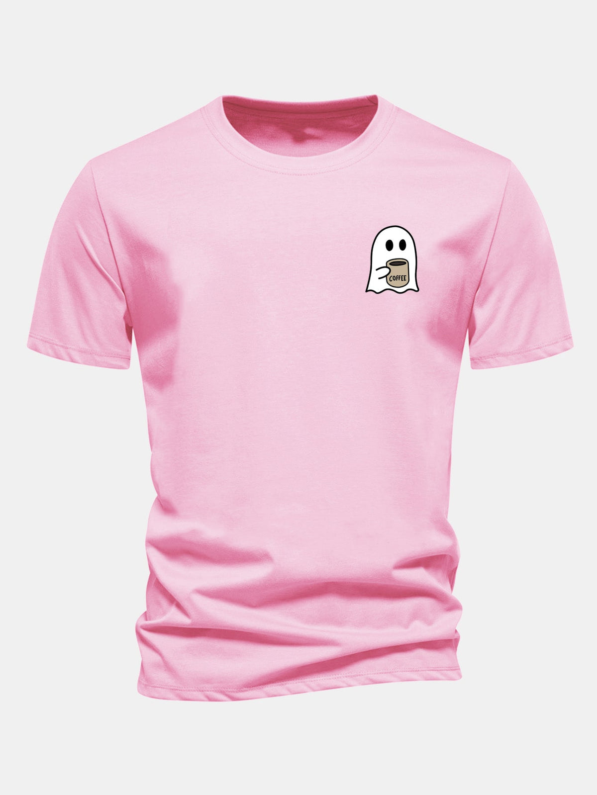 Camiseta de algodão com estampa de fantasma tomando café e caimento regular