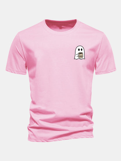 Camiseta de algodão com estampa de fantasma tomando café e caimento regular