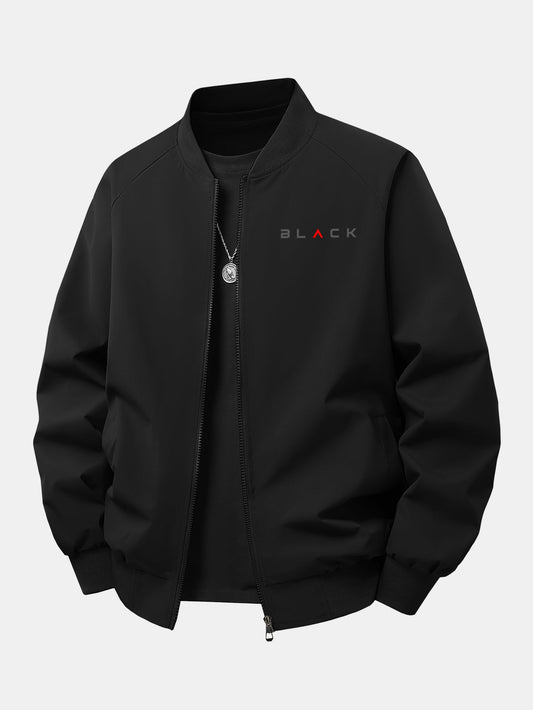 Jaqueta bomber preta estampada, de corte confortável e com zíper