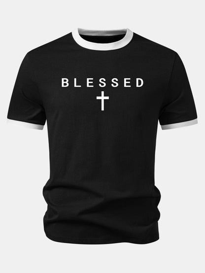 Blessed Cross Print Contrast Collar T-Shirt