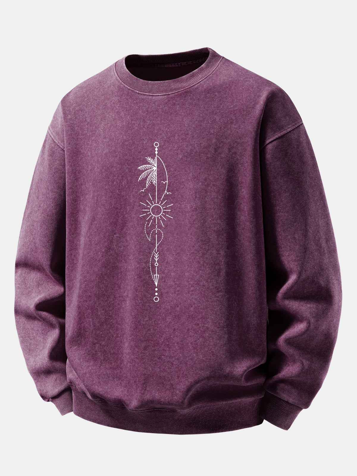 Sun, Palm & Arrow Print Washed Distressed Sweatshirt