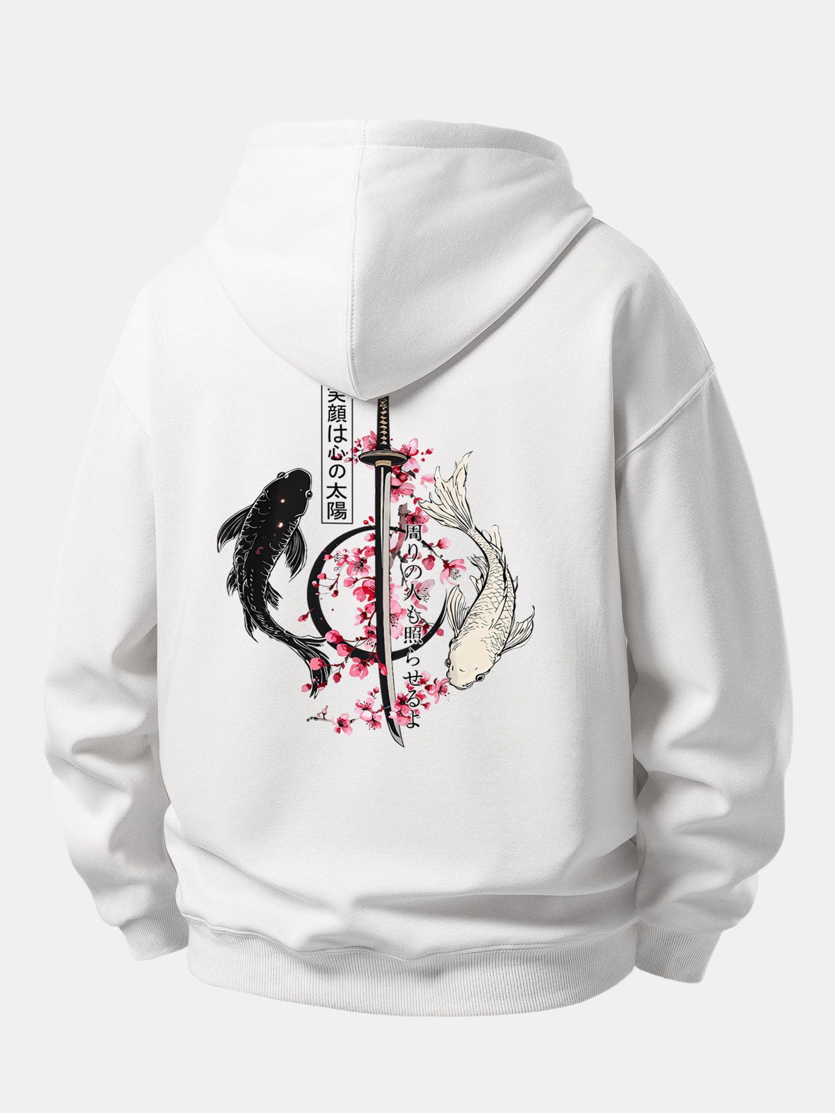 Moletom de caimento confortável com estampa de samurai japonês, katana, carpas koi e sakura
