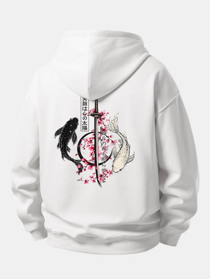 Moletom de caimento confortável com estampa de samurai japonês, katana, carpas koi e sakura