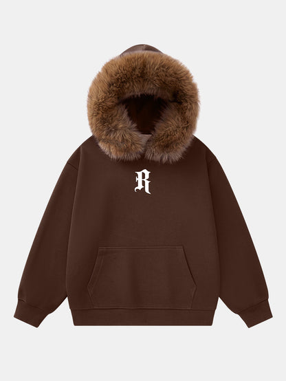 Letter R Print Faux Fur Trim Hoodie