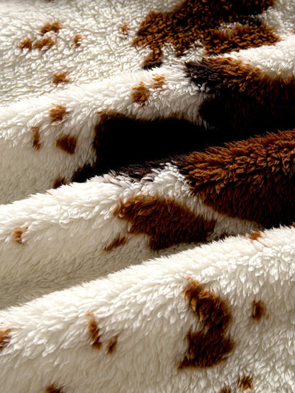 Cow Print Teddy Fleece Zip Hooded Jacket