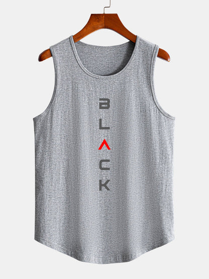 Black Print Curved Hem Cotton Muscle Tank