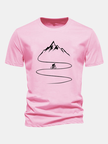 Camiseta de algodão com estampa de ciclismo e montanha, caimento regular