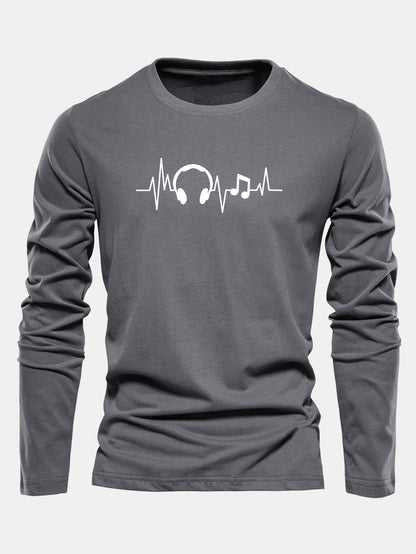 Camiseta de algodão com mangas longas e estampa de batimentos cardíacos musicais