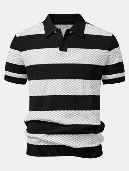 Polo de tricô texturizado listrado com decote em V