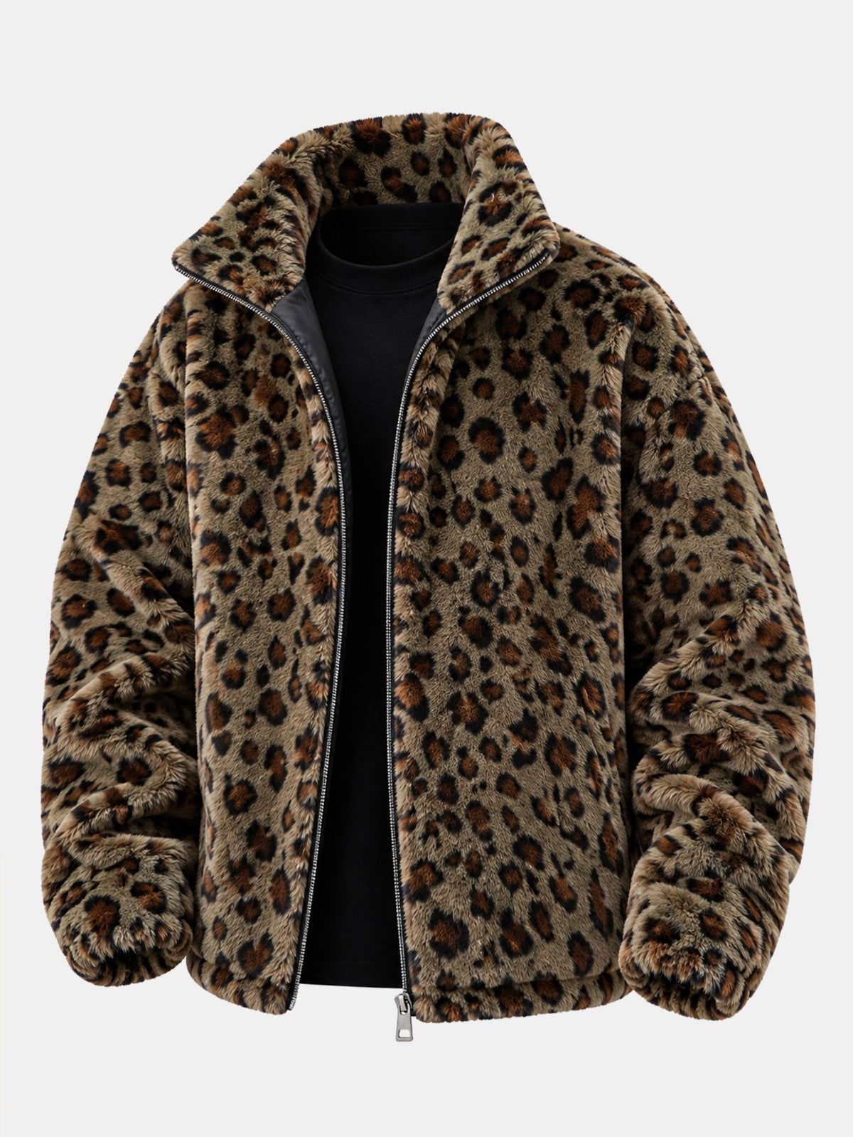 Leopard Print Faux Fur Zip Jacket