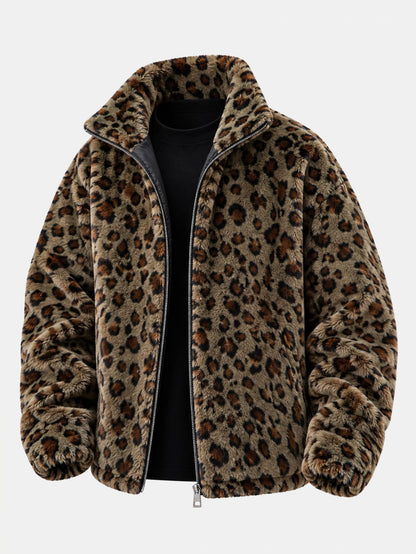 Leopard Print Faux Fur Zip Jacket