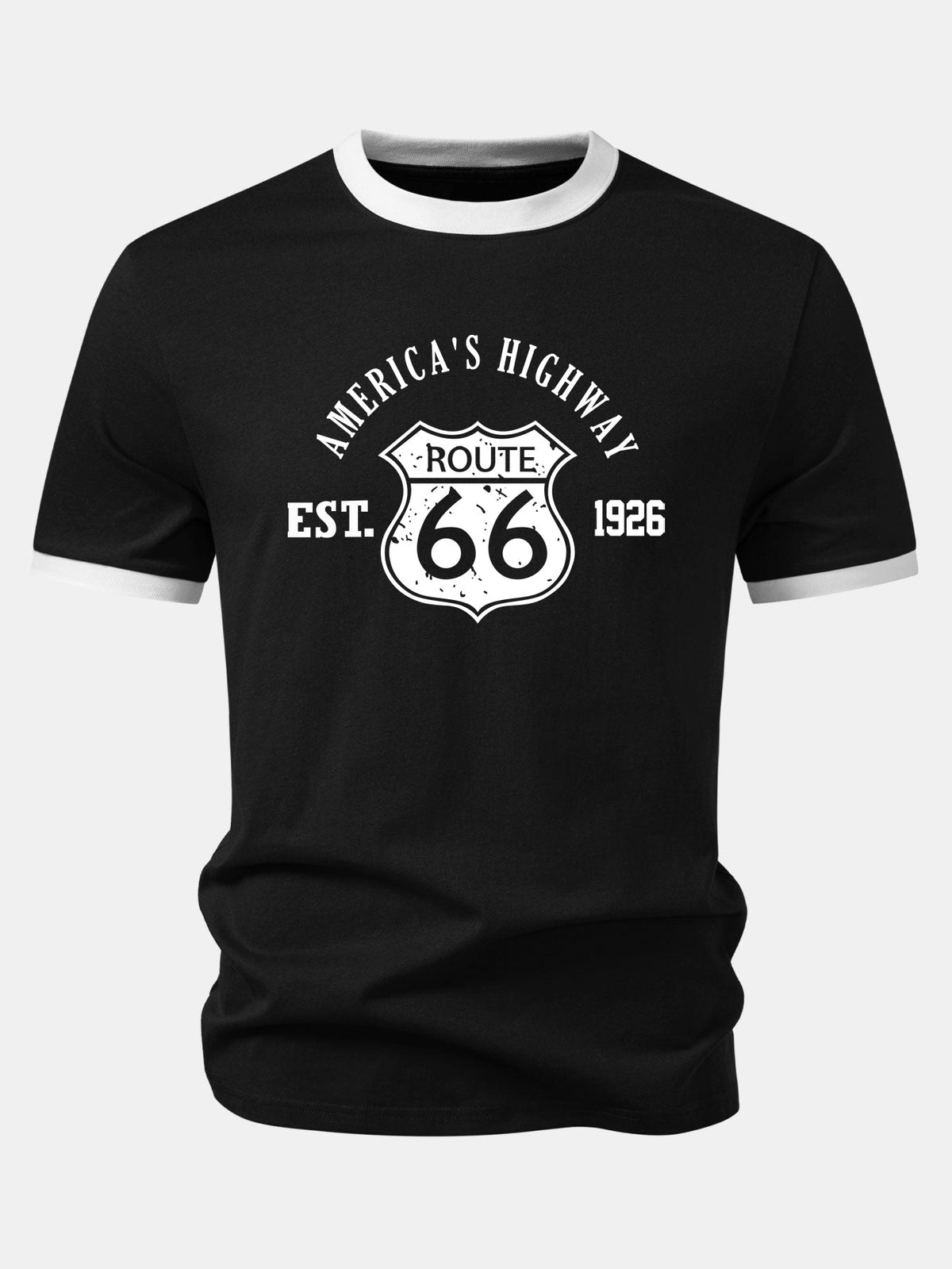 Camiseta Vintage Route 66 America's Highway com Estampa e Detalhe Contrastante