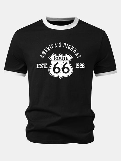 Camiseta Vintage Route 66 America's Highway com Estampa e Detalhe Contrastante