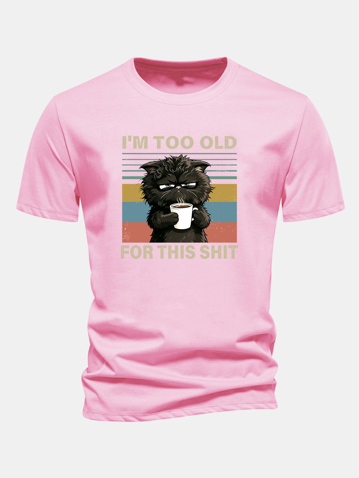 Camiseta de algodão preta de corte regular com estampa de gato preto “Estou velho demais para essa merda”