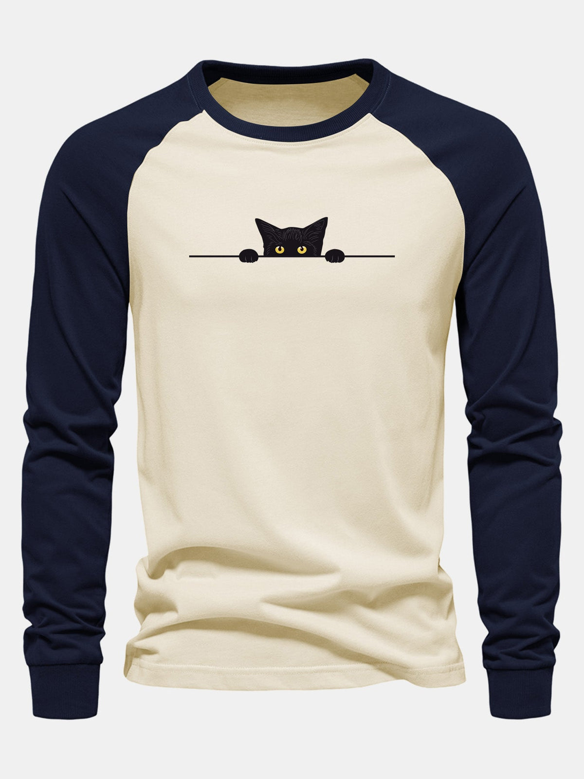 Black Cat Print Raglan Long Sleeve Cotton T-Shirt