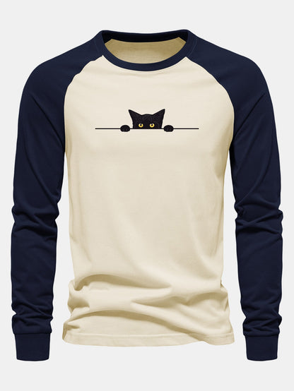 Black Cat Print Raglan Long Sleeve Cotton T-Shirt