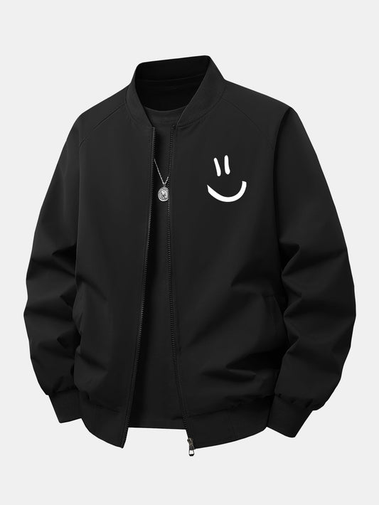Jaqueta bomber de corte confortável com estampa de carinha sorridente e fechamento por zíper