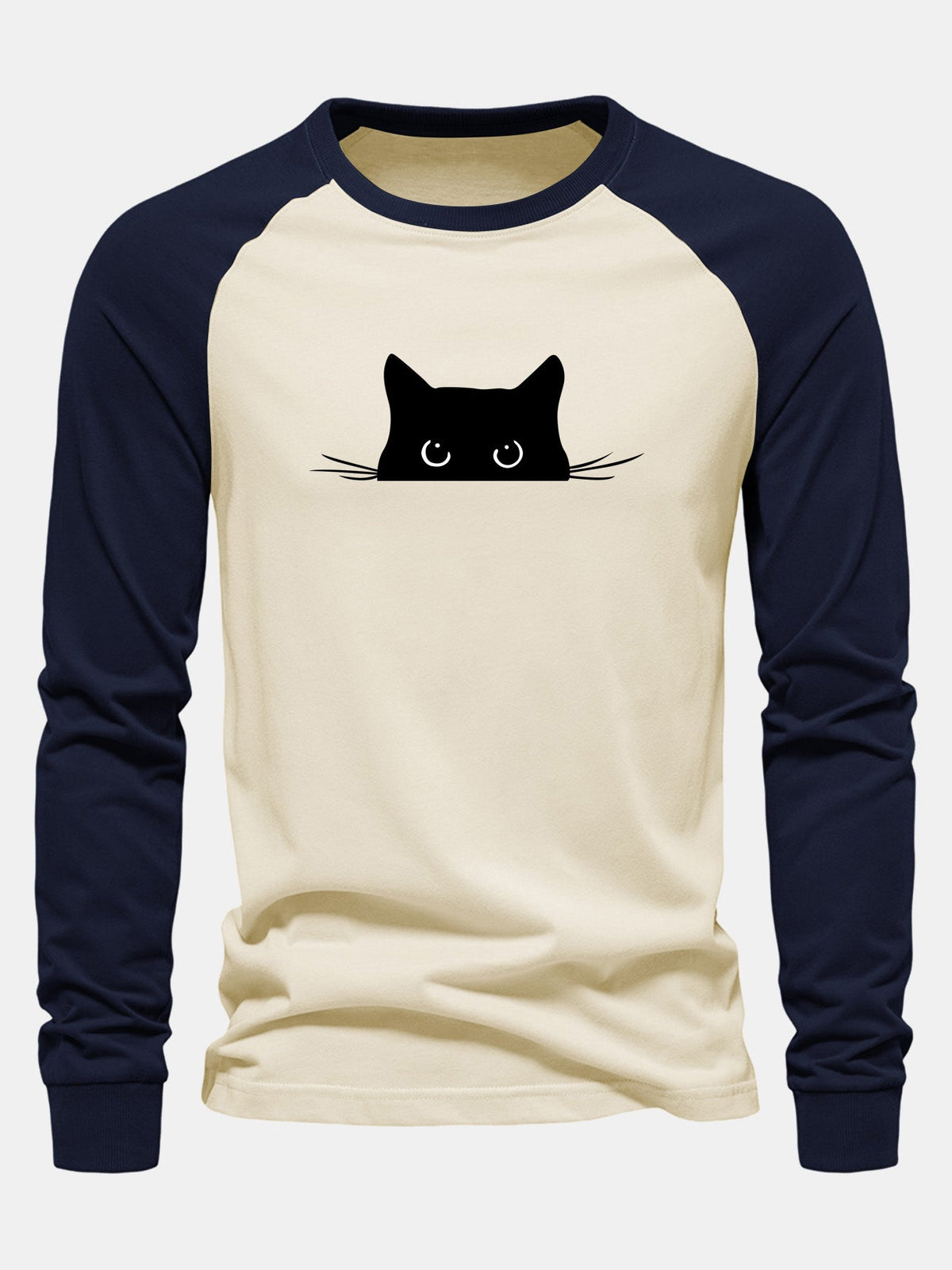Black Cat Print Raglan Long Sleeve Cotton T-Shirt